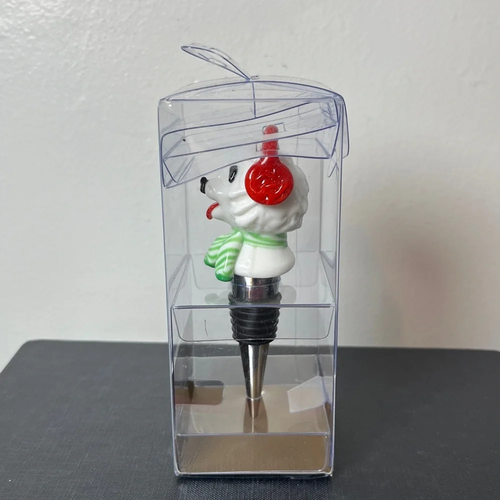 Pier 1 Ceramic White Dog w Red Earmuffs Green Scarf Holiday‎ Wine Bottle Stopper